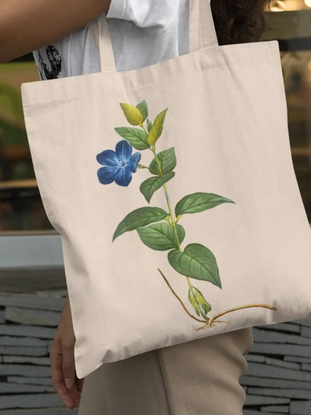 Greater Periwinkle Vintage Floral Print Graphic Canvas Tote Bag